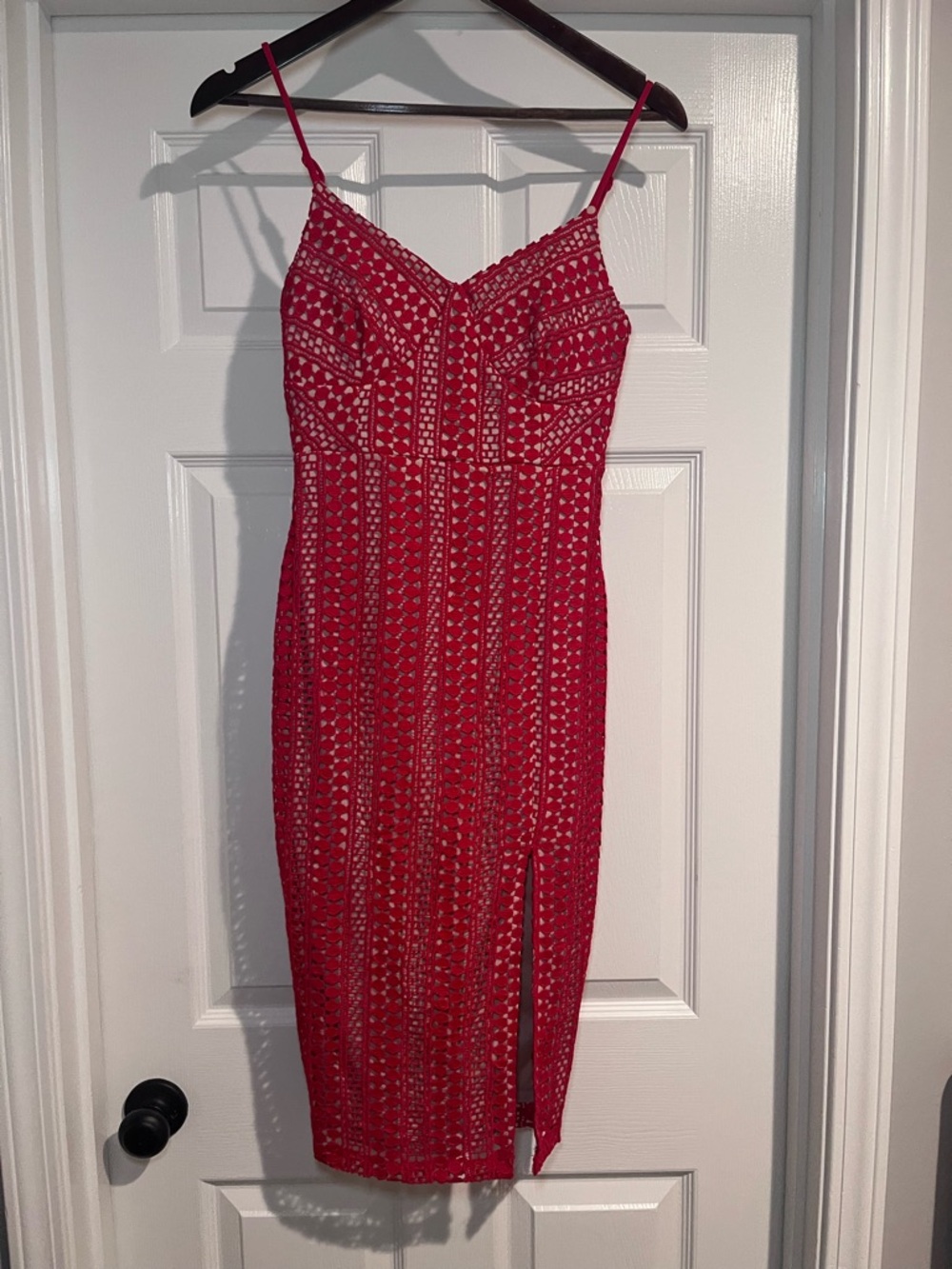 Lulu's Red Lace Midi Dress with Spaghetti Straps